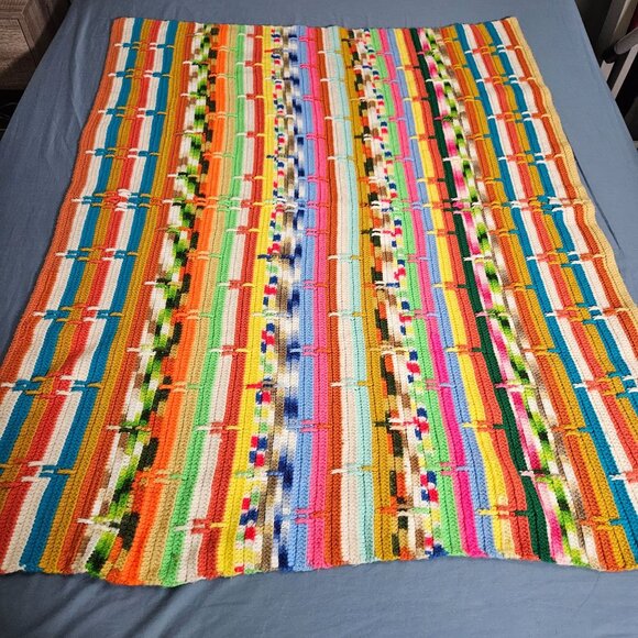 Handmade Other - Crocheted Afghan Blanket Throw Lap Homemade Colorful Stripe Ethnic MCM 48x58"